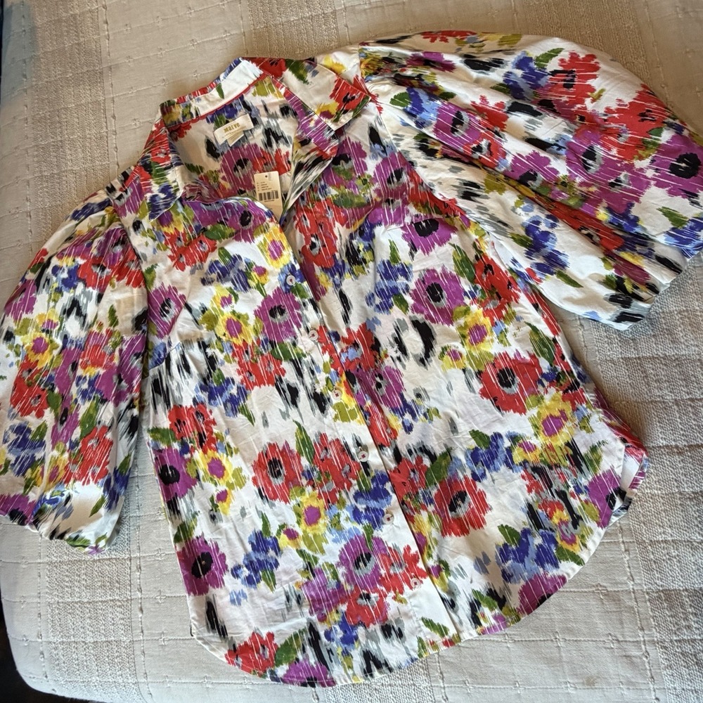 Anthropologie Maeve Top Blouse Small Puff Sleeve Button Down Floral Multicolor